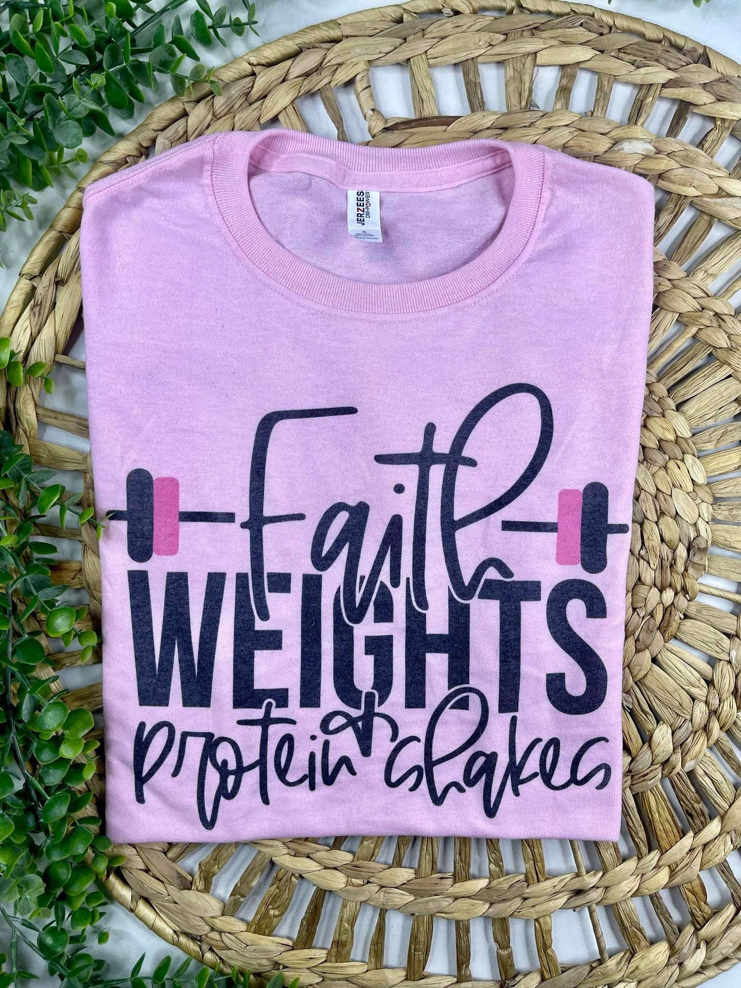 Faith Weights and Protein Shakes (T-Shirt) GREY