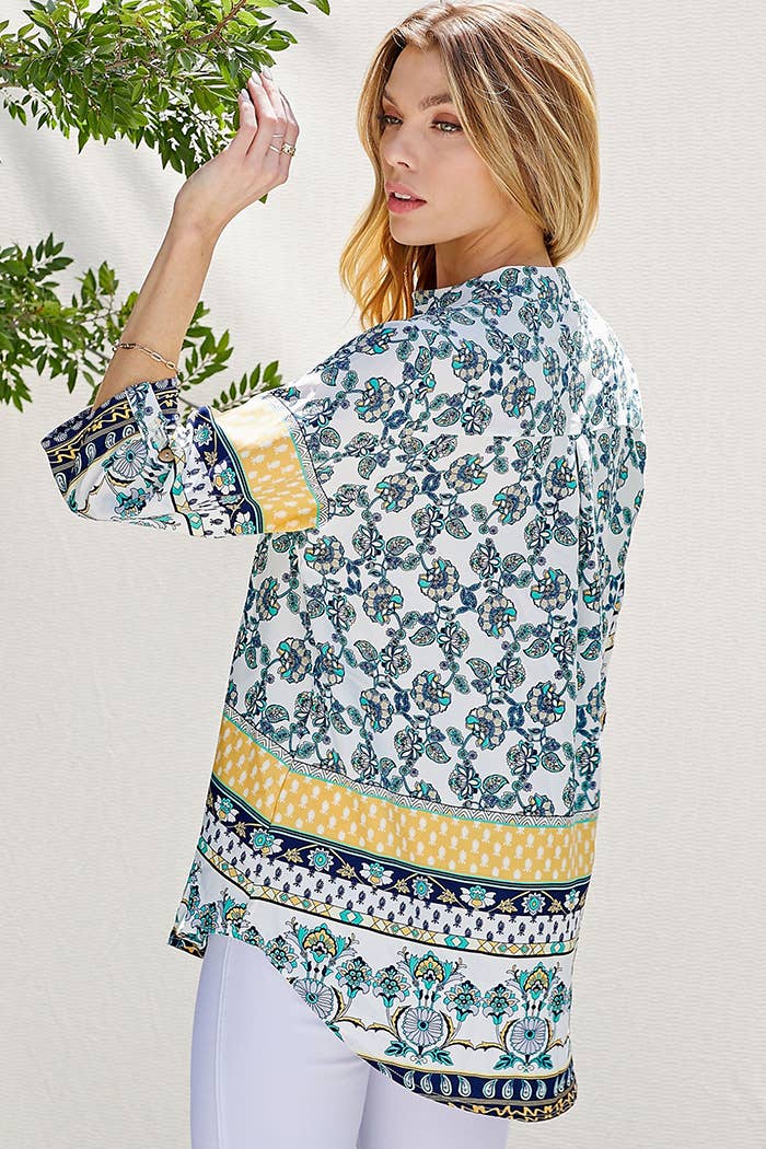 WOMEN MULTI FLORAL COLLAR ROLL UP SLEEVE TOP