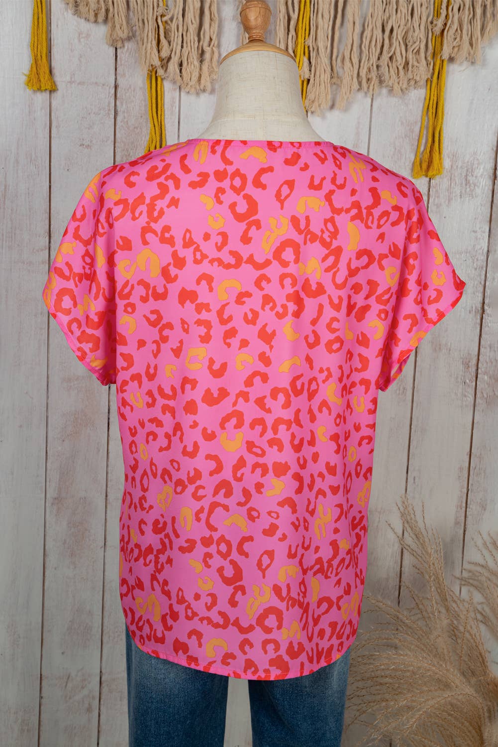 Women Leopard Print V Neck Short Sleeve Blouse | S-XL