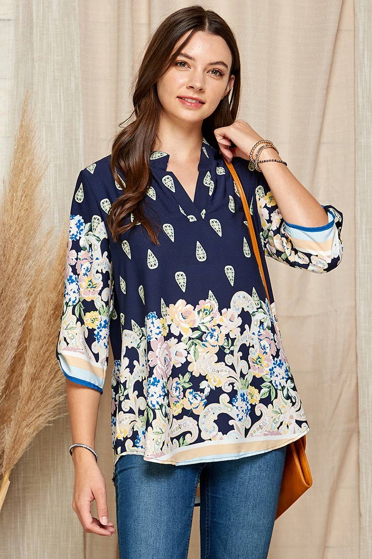 WOMEN MULTI FLORAL COLLAR ROLL UP SLEEVE TOP
